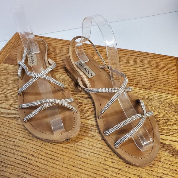Steve Madden Rita Strappy Sandals Women Size 7.5M Clear Rhinestone Dressy Flats - Picture 1 of 8